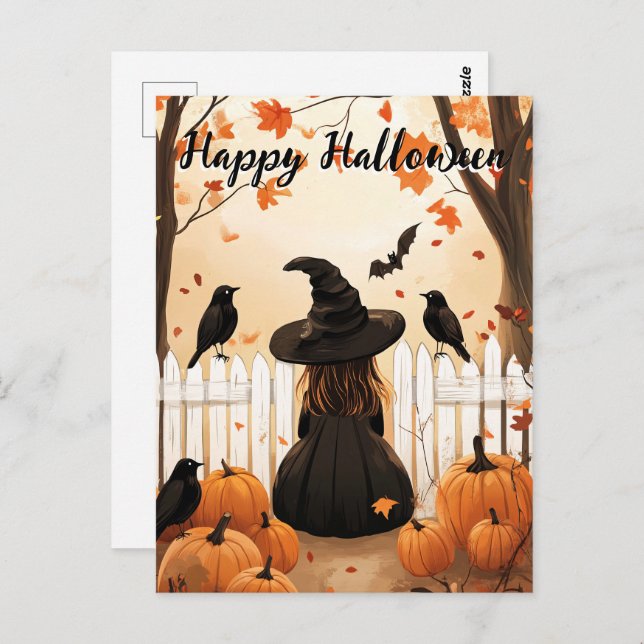 Carte Postale Halloween sorcière mignonne (Devant / Derrière)