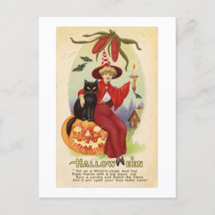 Carte Postale Hallowe'en Sorcière rouge et Chat noir Vintage
