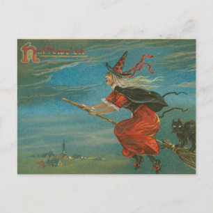 Carte Postale Halloween Sorcière rouge sur Broom Black Chat Vint
