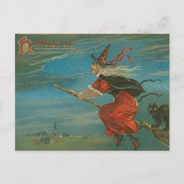Carte Postale Halloween Sorcière rouge sur Broom Black Chat Vint (Devant)