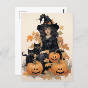 Carte Postale Halloween sorcière vintage et chats noirs