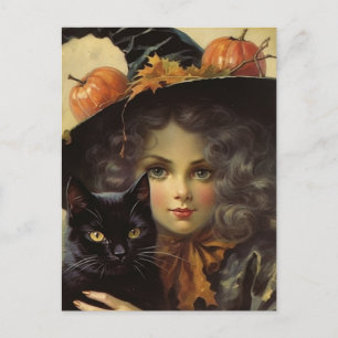 Carte Postale Halloween sorcière vintage et chatte noire
