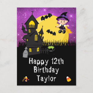 Carte Postale Halloween Sorcière Violet Joyeux Anniversaire