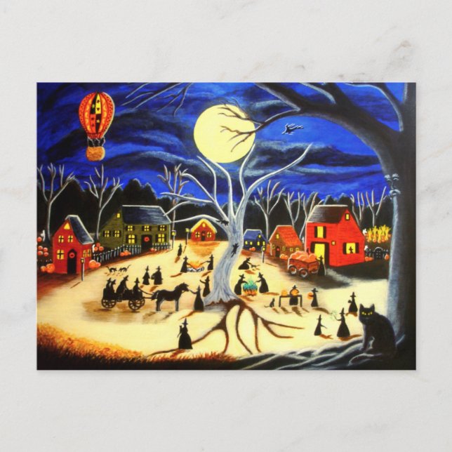 Carte Postale Halloween, sorcières, noir, chat, chaud, ballon (Devant)