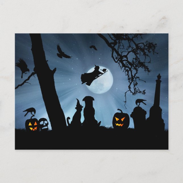 Carte Postale Halloween super mignonne sorcière et chat et chien (Devant)