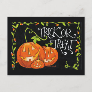 Carte Postale Halloween Trick ou Traiter Citrouille et Candy Cor