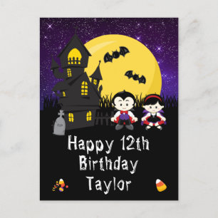 Carte Postale Halloween Vampires violet joyeux anniversaire