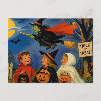 Carte Postale Halloween vintage avec des enfants et une sorcière