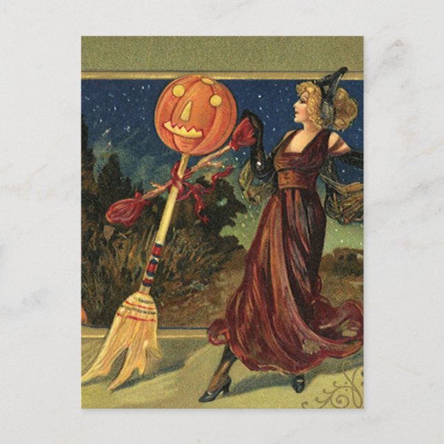 Carte Postale Halloween vintage, Belle Sorcière dansante (Devant)