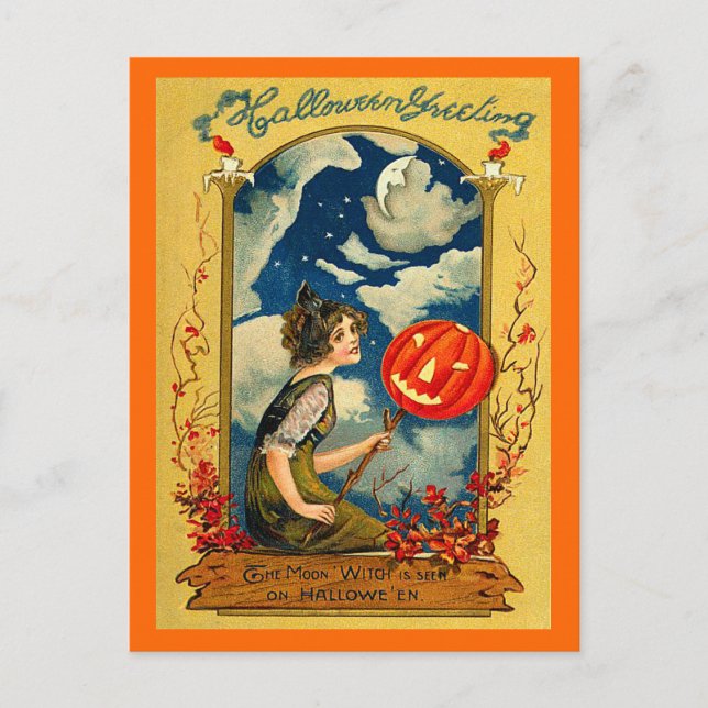 Carte Postale Halloween vintage, Citrouille, Fille, mignonne (Devant)