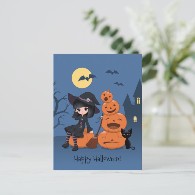 Carte Postale Halloween Witch, Chat noir et Citrouille (Debout devant)