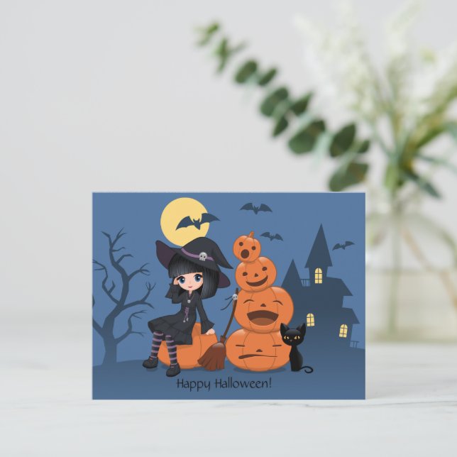 Carte Postale Halloween Witch, Chat noir et Citrouille (Debout devant)