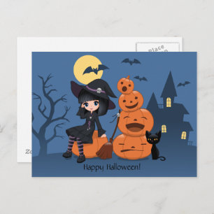 Carte Postale Halloween Witch, Chat noir et Citrouille