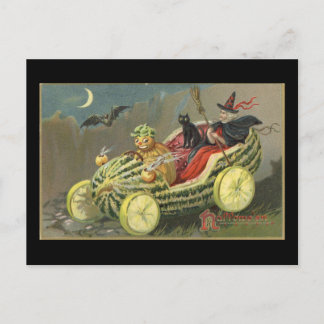 Carte Postale Halloween Witch Melon Race Car Vintage