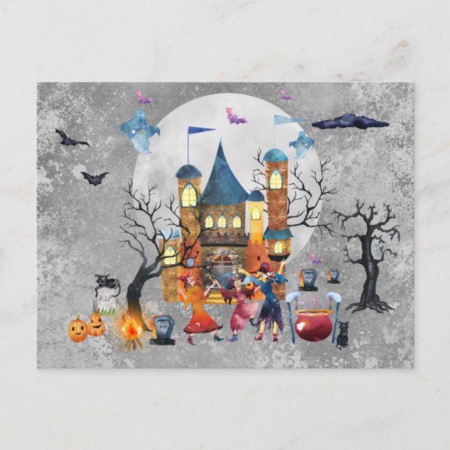 Carte Postale Halloween Witch Party Haunted House aquarelle (Devant)