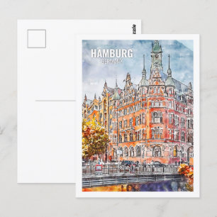 Carte Postale Hambourg Allemagne Fameux Travel Place Watercolor