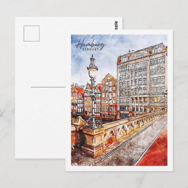 Carte Postale Hambourg Allemagne Lieu de voyage aquarelle (Devant / Derrière)