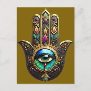 Carte Postale Hamsa Brun Coloré Troisième Oeil Arc-en-ciel
