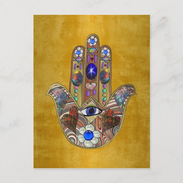 Carte Postale Hamsa Coeurs Fleurs Opal Art sur Or (Devant)