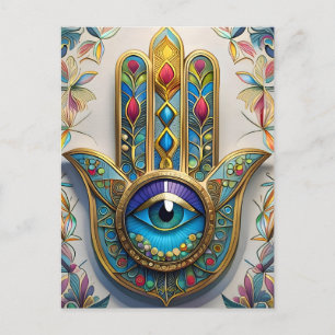 Carte Postale Hamsa du Troisième Œil en Filigrane Coloré Or Bleu