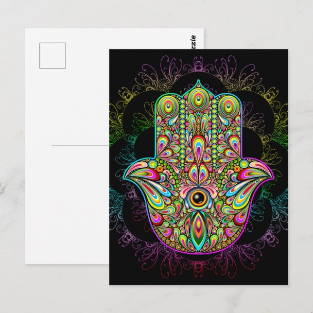 Carte Postale Hamsa Fatma Main Psychedelic Art (Devant / Derrière)