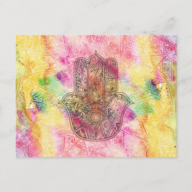 Carte Postale HAMSA Main Fatima symbole amulet Henné floral (Devant)