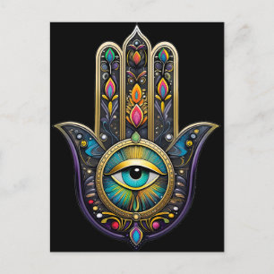 Carte Postale Hamsa noir coloré or avec troisième œil turquoise
