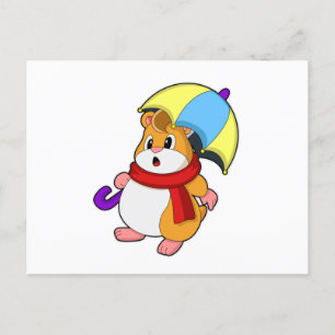 Carte Postale Hamster à la pluie avec parapluie