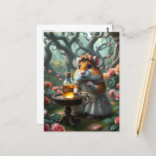 Carte Postale Hamster adorable dans un jardin Rose avec potion
