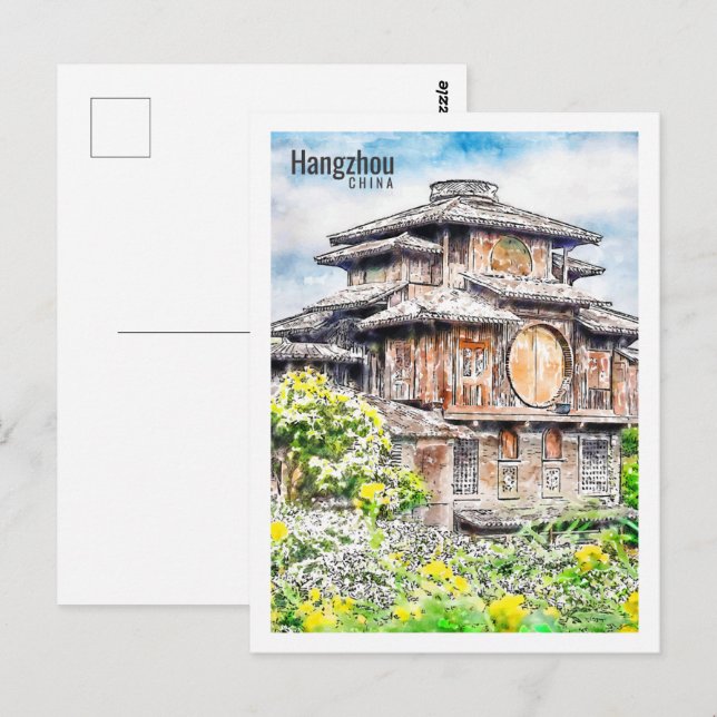 Carte Postale Hangzhou Chine Travel Place Aquarelle (Devant / Derrière)