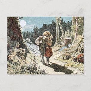 Carte Postale Hansel et Gretel sur le sentier au clair de lune