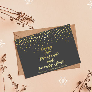 Carte Postale Happy 2024 - Gold Script & Confetti - Nouvel An