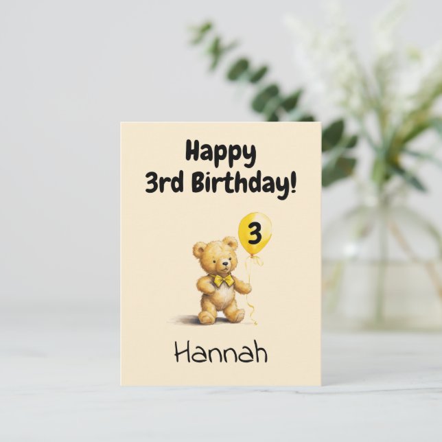 Carte Postale Happy 3rd Birthday, Personalized Teddy Bear Card,  (Debout devant)