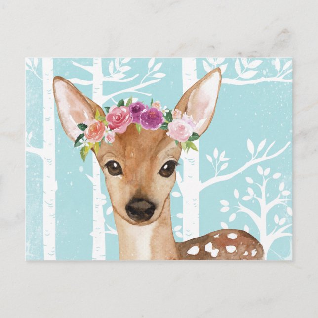 Carte Postale Happy Animal avec Fleurs en Forêt Bleue-Cerf (Devant)