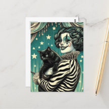 Happy Circus Clown Woman et un chat noir