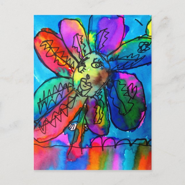 Carte Postale Happy Flower's art rose et bleu stylo et encre (Devant)
