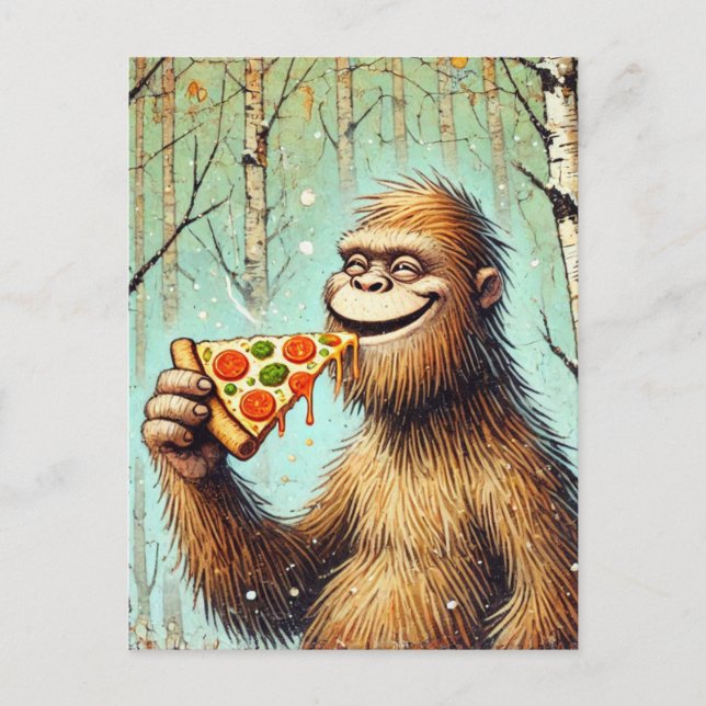 Carte Postale Happy Funny Sasquatch et la pizza (Devant)
