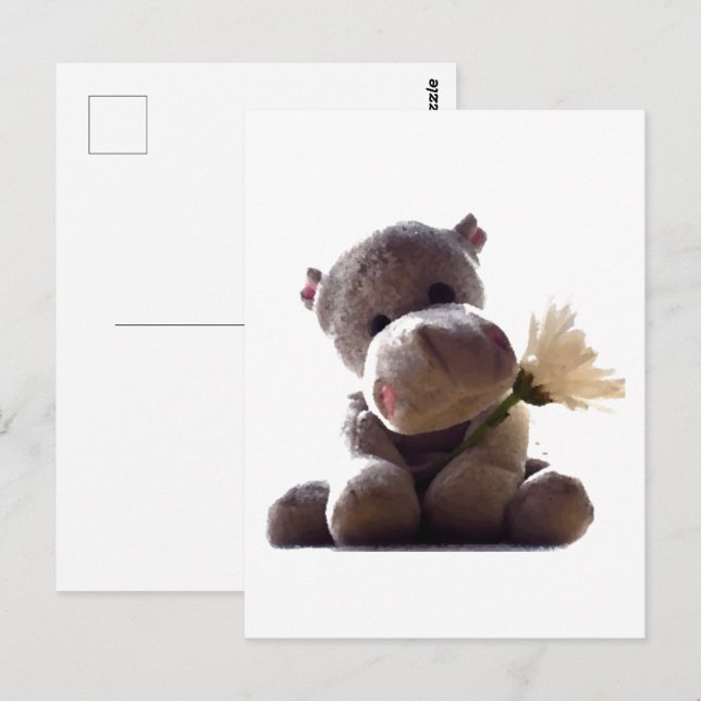 Carte Postale Happy Grey Hippo tenant Daisy, mignonne Love Photo (Devant / Derrière)