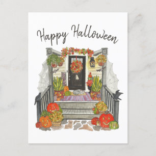 Carte Postale Happy Halloween Chat aquarelle