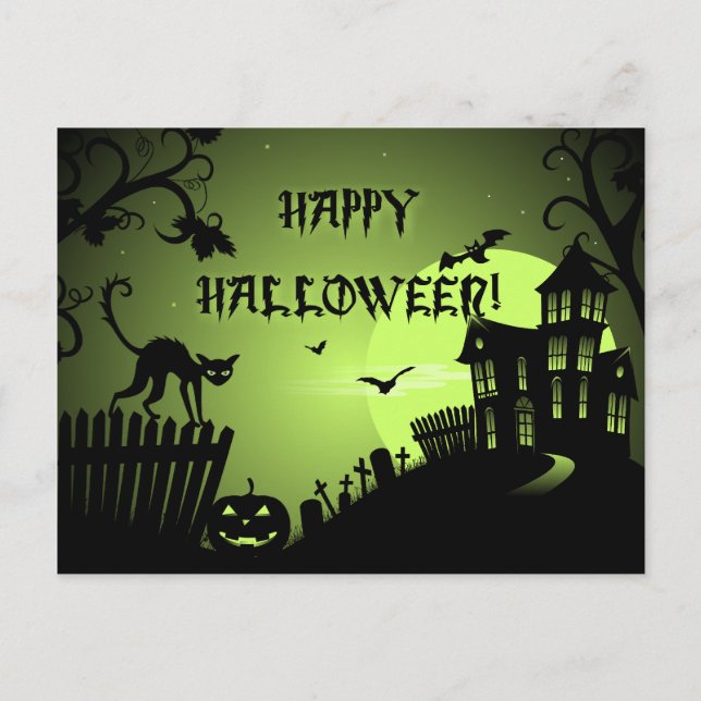 Carte Postale Happy Halloween Chat noir Maison hantée (Devant)