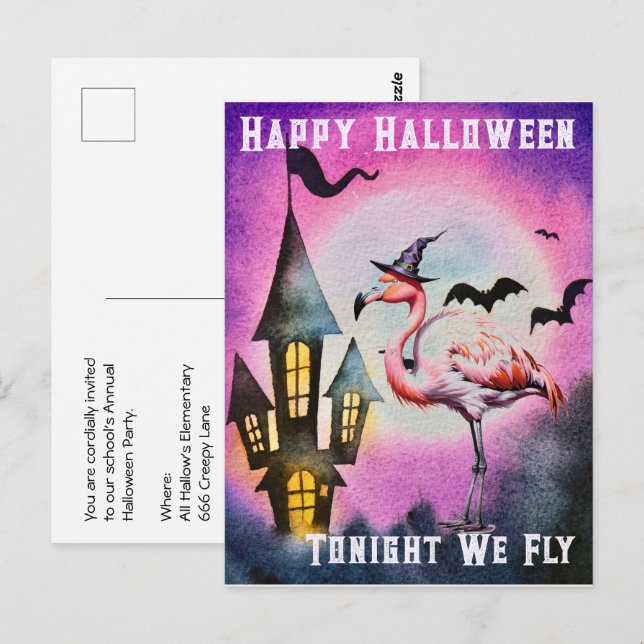 Carte Postale Happy Halloween Flamant rose chauves-souris Haunte (Devant / Derrière)