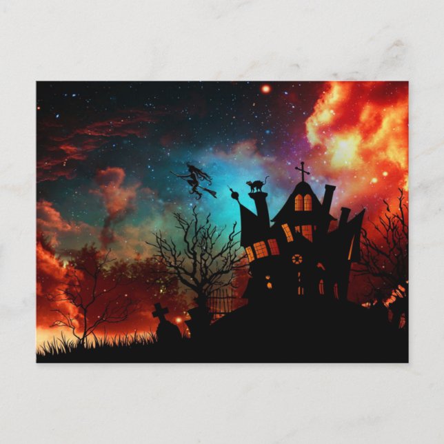 Carte Postale Happy Halloween Haunted House and Witch (Devant)