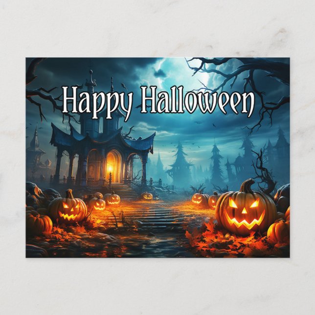Carte Postale Happy Halloween Maison hantée et Citrouilles Éffra (Devant)