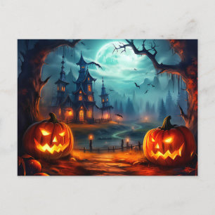 Carte Postale Happy Halloween Maison hantée et Citrouilles Éffra