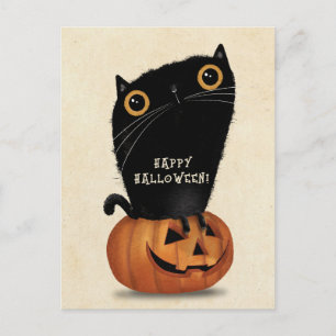 Carte Postale Happy Halloween mignon Chat noir Citrouille