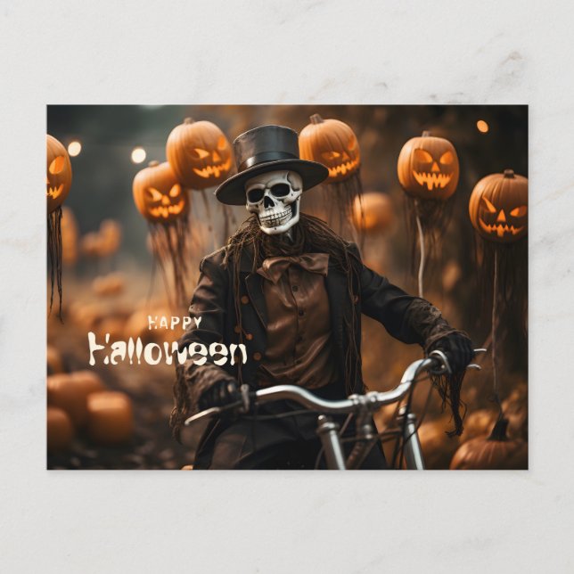 Carte Postale Happy Halloween mignonette squelette et citrouille (Devant)