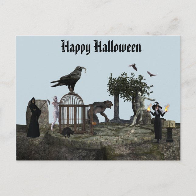 Carte Postale Happy Halloween Monster Scene Werewolf Zombie (Devant)