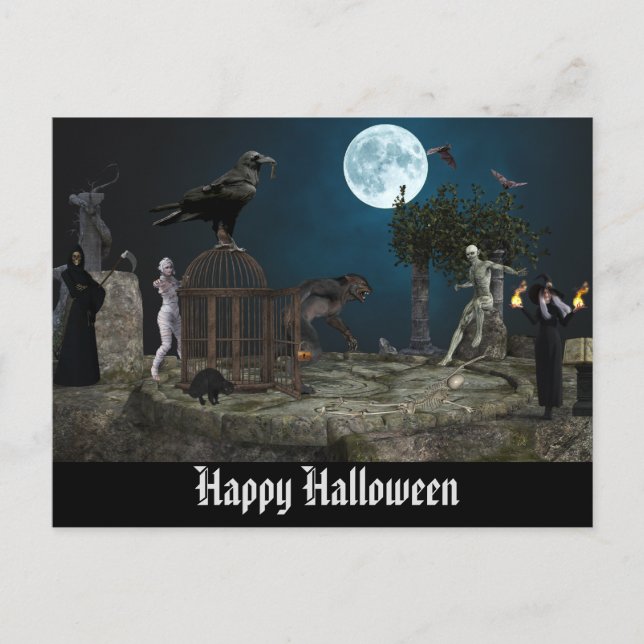 Carte Postale Happy Halloween Monster Scene Werewolf Zombie (Devant)