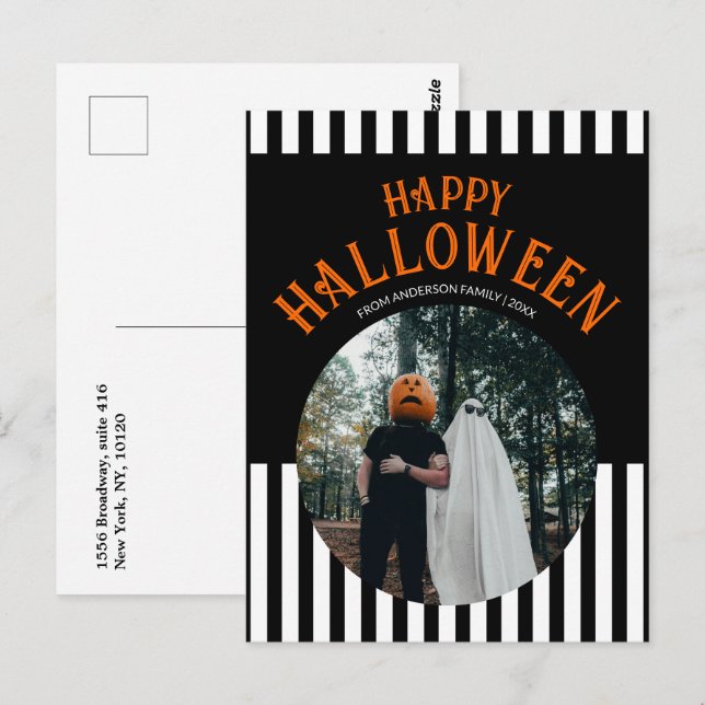 Carte Postale Happy Halloween noir et blanc rayé photo (Devant / Derrière)
