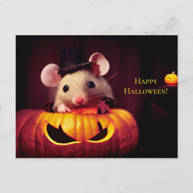 Carte Postale Happy Halloween. Petite souris mignonne avec citro (Devant)